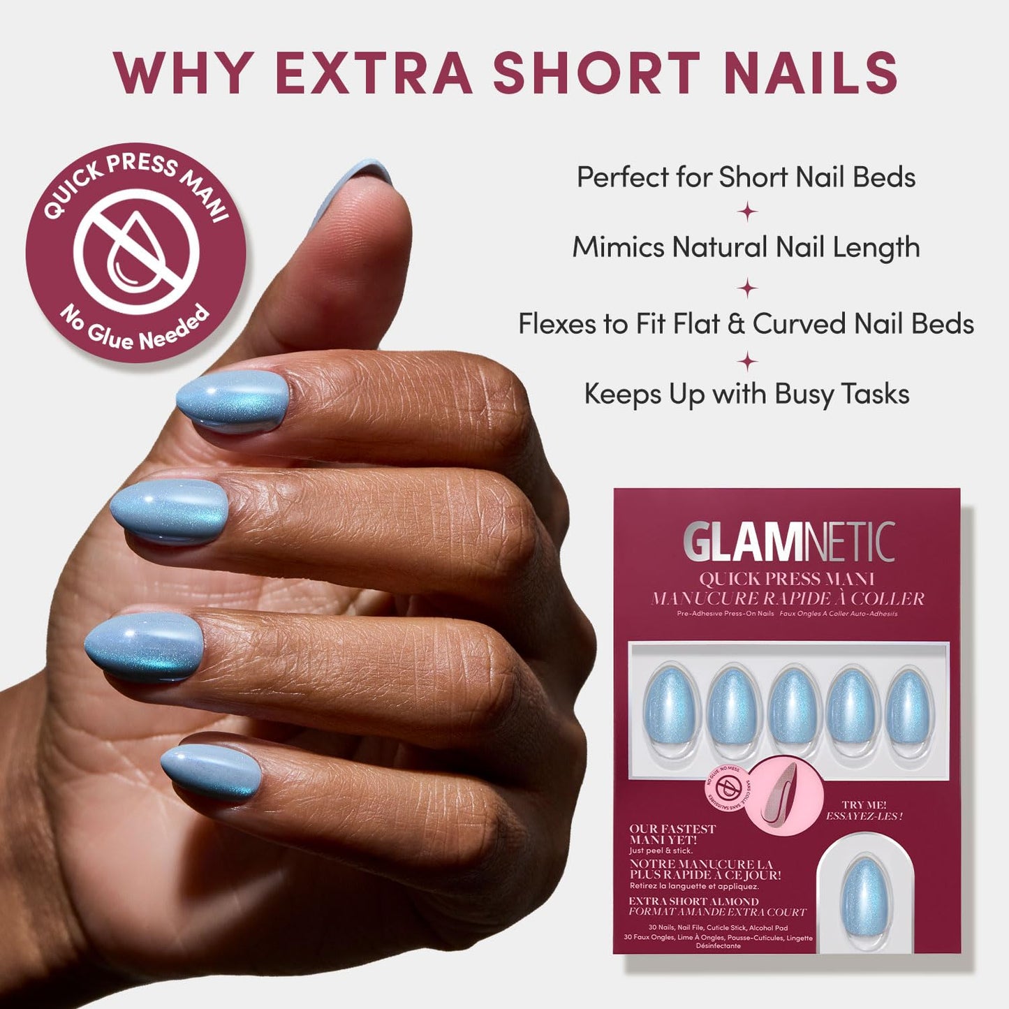 Glamnetic Quick Press Mani - No Glue Press On Nails, Just Peel and Stick, Almond Extra Short Nails, Mess Free, Salon Quality Stick On Nails, Ocean Prism | in 15 Sizes - 30 Nail Kit | Gift For Mom