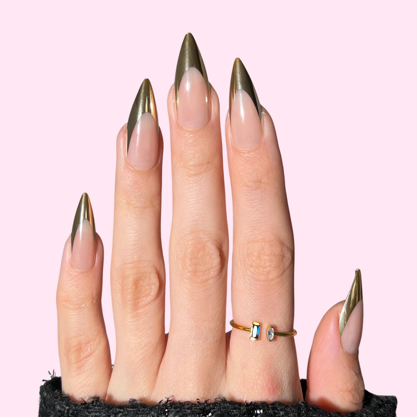PaintLab Press On Nails - Gold Chrome Stiletto Fake Nails, 30 Nails in 15 Sizes with Glue, Reusable Salon Quality Chrome Press On Nails