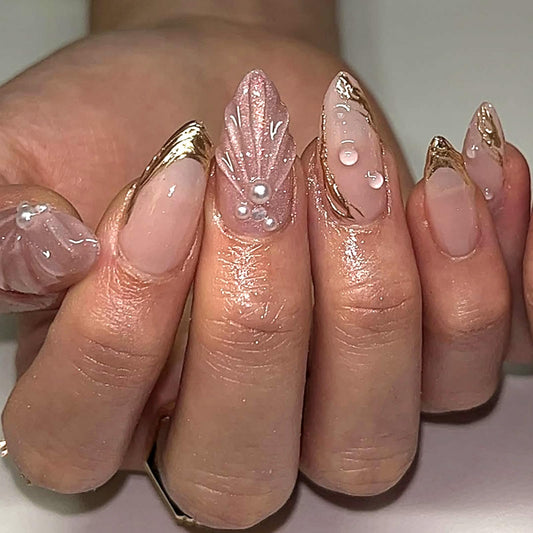 3D Press On Nails Soft Gel Reusable, 24PCS Luxury Pearl Sculpted Almond Fake Nails, Gold French Tips Artificial Nails, Glue-On Nails for Women, Acrylic Look, Salon Quality