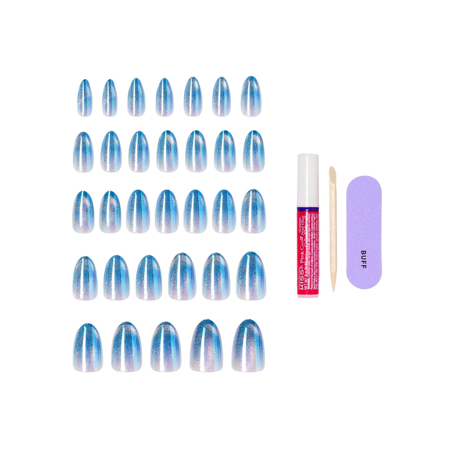 Kiss Glam, Press On Nails, Nail glue included, 'Glow Forever', Blue, Medium Size, Almond Shape, Includes 32 Nails, 2g Glue, 1 Manicure Stick, 1 Mini File