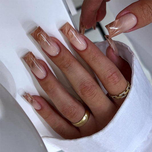 IMRAIN Press On Nails - Long Square Brown Marble Gradient False Nails, Glossy Glue On, Artificial Squoval Nude Fake Nails, Full Cover Acrylic Gel, Stick On, 24 Pcs