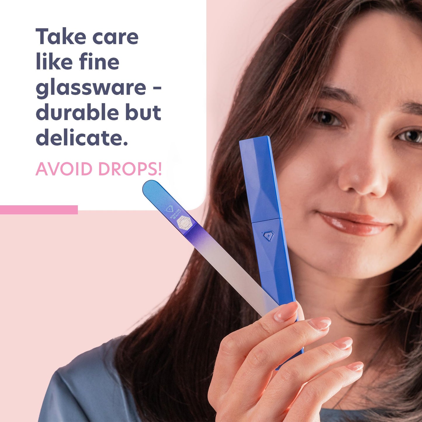 Bona Fide Beauty Glass Nail File with Case, Aqua Cobalt Czech Glass Fingernail Files Handcrafted from the EU. Ideal Nail Care Tool for Natural Nails.