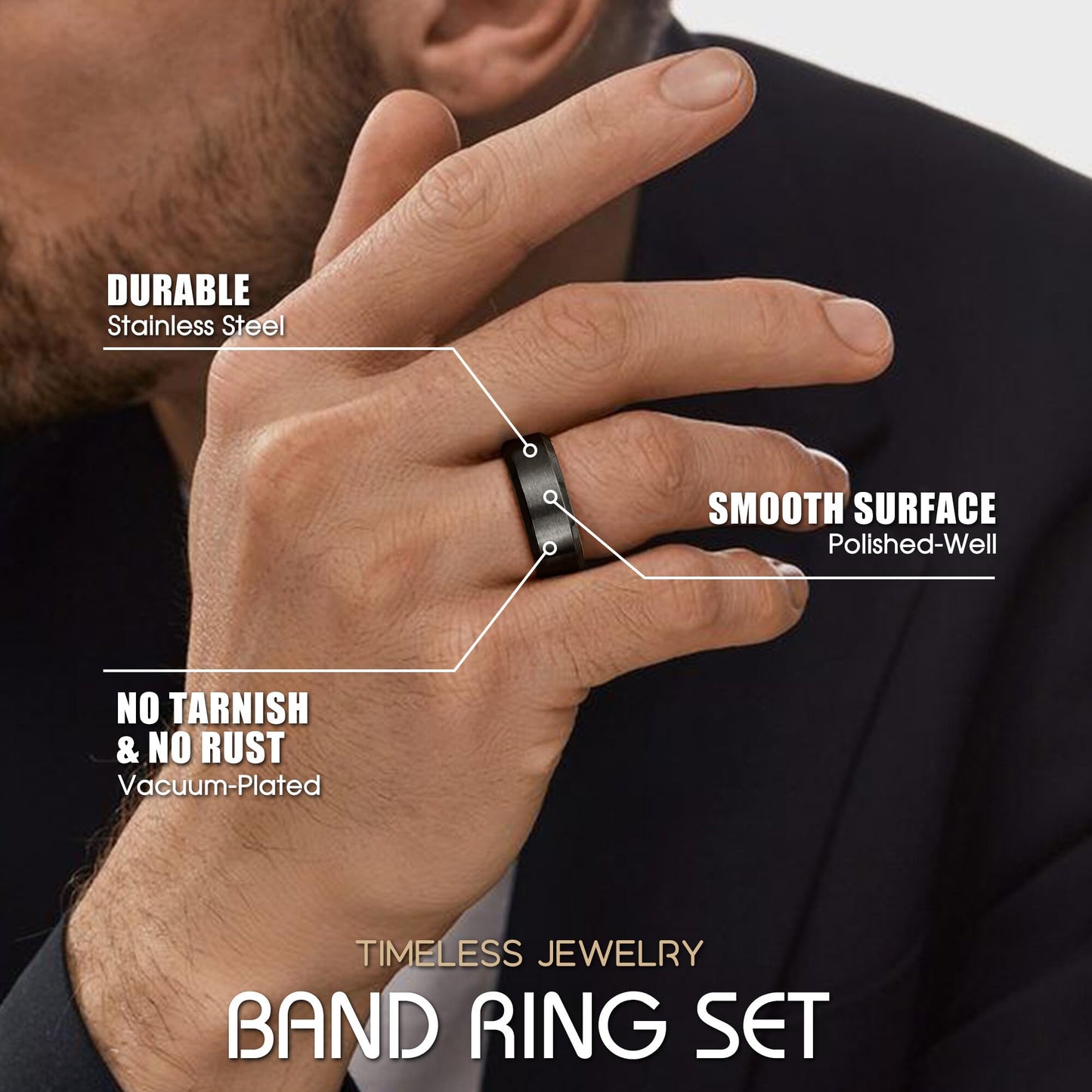 Jstyle Stainless Steel Rings for Men Women 8MM Wedding Band Rings Matte Surface - Beveled Polished Edge Mens Ring Size 8 Black Ring for Men