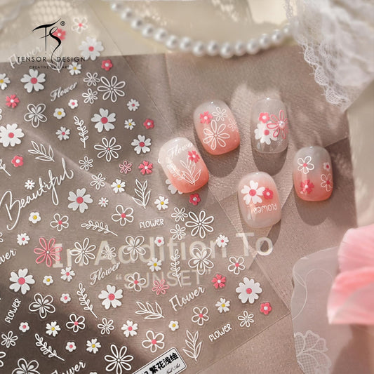 White Flower Nail Stickers 5D Embossed Nail Sticker for Spring Nail Art with Pink White Daisy Floral Design Cute Nail Art Stickers Decals Self-Adhesive for Women Manicure Supplies