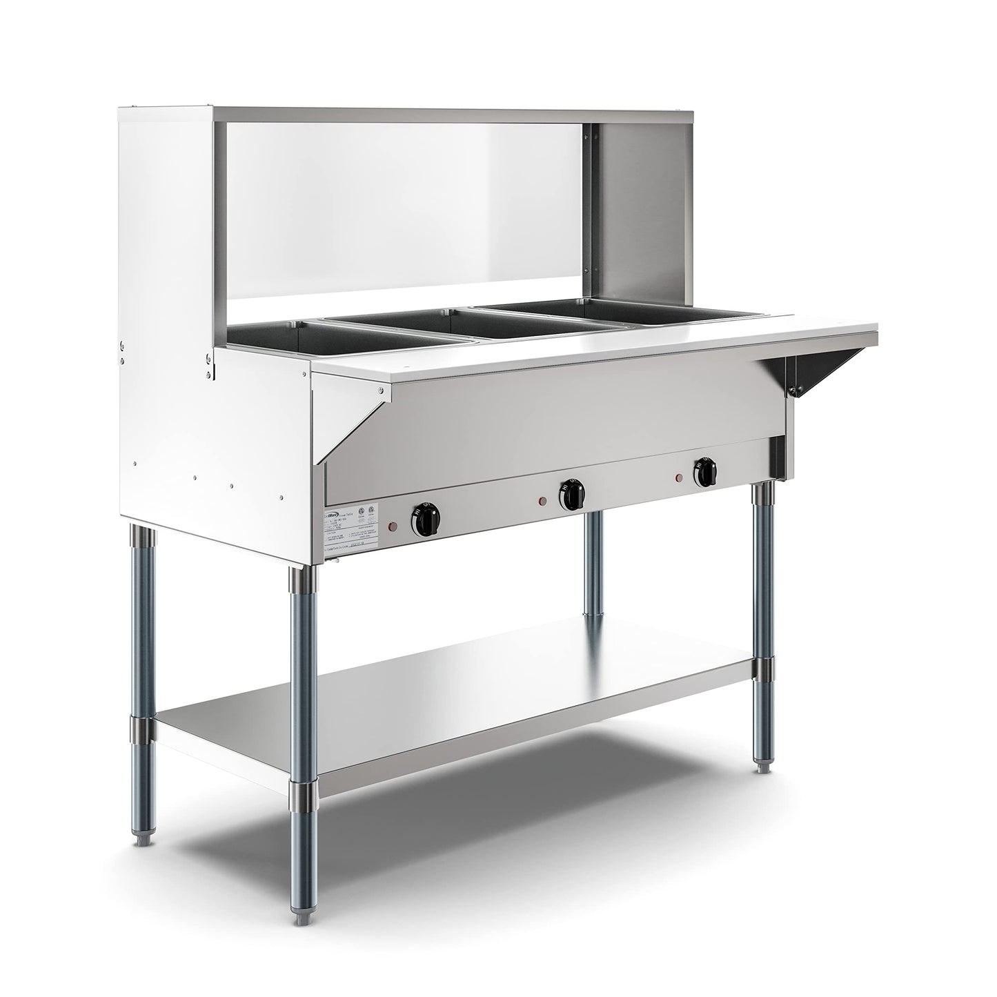 KoolMore 3-Pan Open Well Electric Stainless Steel Steam Table Food Warmer for Buffets with Sneeze Guard, Overshelf, Undershelf, Warming Control Knobs, Front Serving Area [120V] (KM-OWS-3SG), Silver