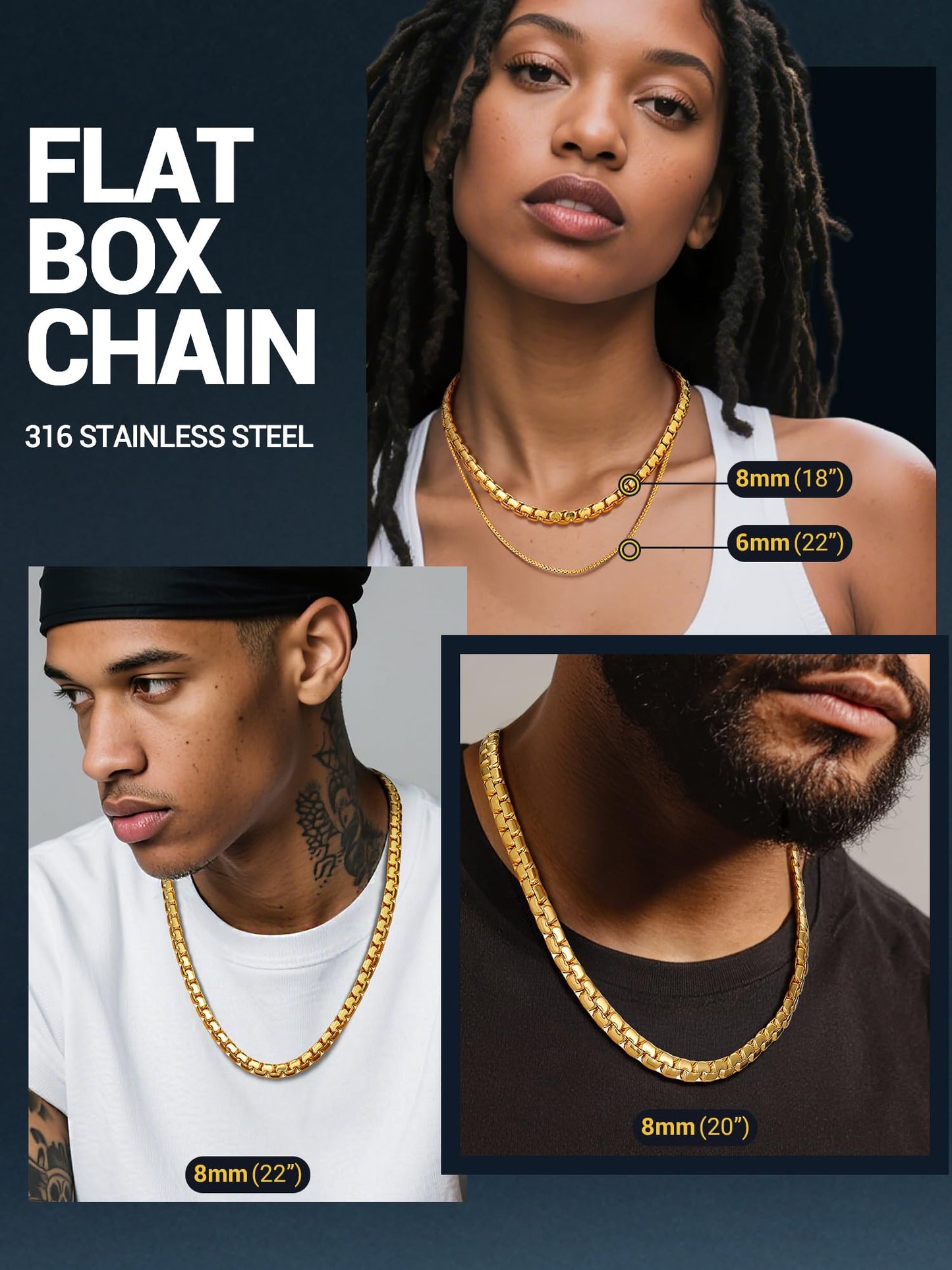 PROSTEEL Stylish Stainless Steel Flat Link Chain Necklace for Men, 2mm/4mm/6mm/8mm. Silver/18K Gold/Black, Hypoallergenic Jewelry, 14"-30", Come with Box.30in