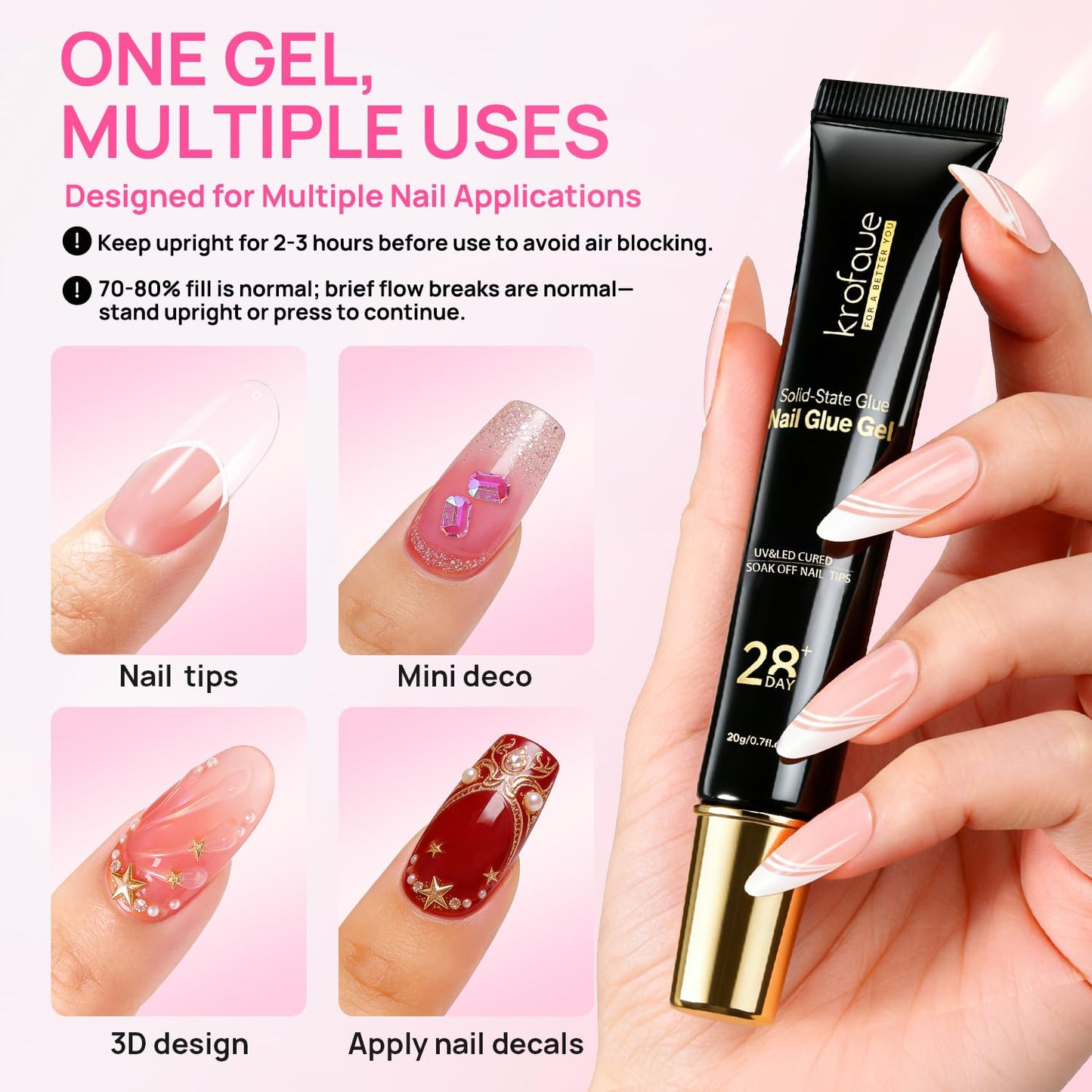 krofaue 500PCS Clear False Nail Tips + Solid Gel Nail Glue 4Pcs –UV-Cured Clear Adhesive for Press on Nails,DIY Home Salon Professional Use
