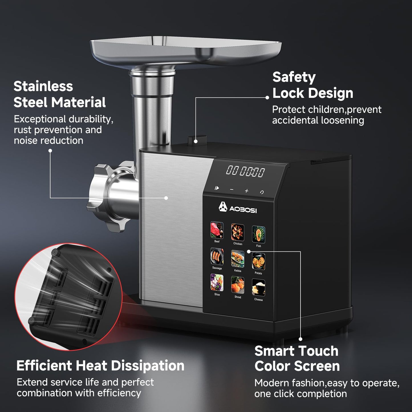 AAOBOSI Multifunctional Digital Meat Grinder Electric 3000W Max w/ 9 Touch Screen Presets, Auto-Reverse & Built-in Storage -Grinding, Sausage & Kibbe & Grate Cheese Making for Home Use