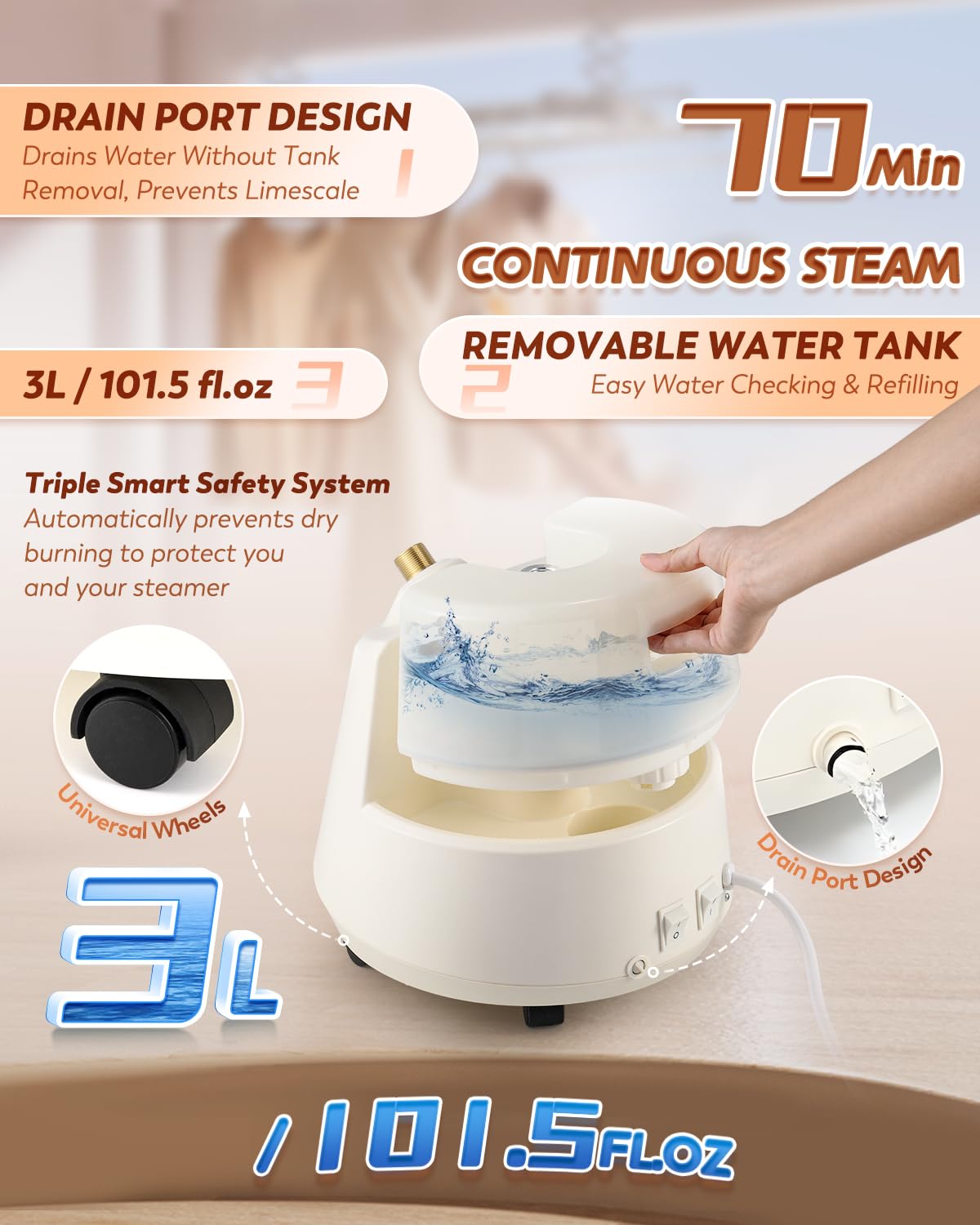 Hapyvergo Standing Garment Steamer with Ironing Pad, 2200W Steamer for Clothes, 3L Tank, 70-Min Continuous Steam, 40s Fast Heating, Adjustable Height, Drain Port Design, Universal Wheels, White