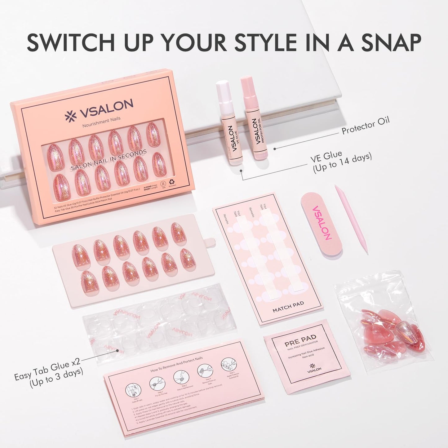 VSALON Press on Nails Short Almond - Pink Cat Eye Pastel Glitter Holographic Spring Fake Nails Kit, Reusable Opaque Gel Chrome Glue on Nails with Glue & Cuticle Oil