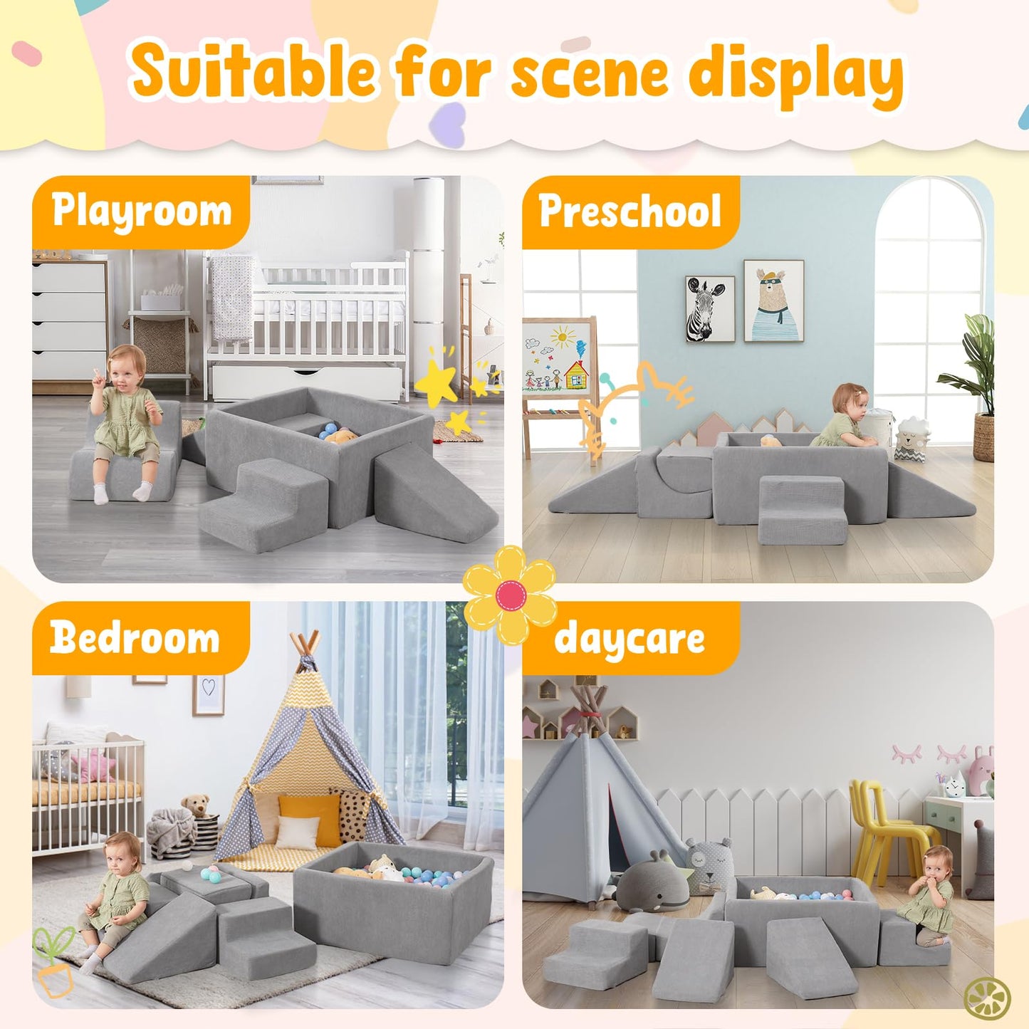 MOOZHEALTH Baby Climbing Blocks with Ball Pit, 6-Piece Foam Climb & Crawl Play Set for Toddlers 1–3, Modular Soft Play Equipment with Washable Cover, Indoor Activity Toys, Gray (Balls Not Included)