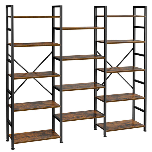 SUPERJARE Triple Bookshelf, Bookcase with 11 Open Display Shelves, Wide Book Shelf Book Case for Home & Office, 5 Tier, Rustic Brown