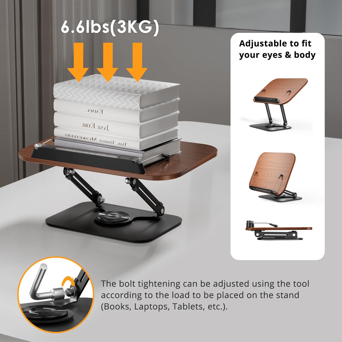 SupeDesk Book Stand for Reading, Adjustable Book Holder with 360° Rotating Bases, Foldable Designs, and Elastic Clips, Multifunctional Display Stand for Recipe, Cookbooks, Magazines, Tablets, Laptops