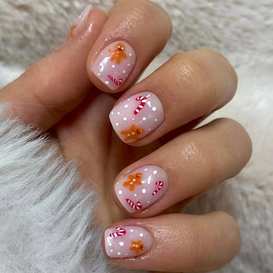 24 Pcs Christmas Press on Nails Short Square Fake Nails False Nails with Designs Cute Gingerbread Man Crutch Snowflake Full Cover Glossy Glue on Nails Xmas Acrylic Nail for Women Girls