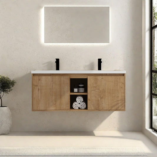Trygoal Floating Bathroom Vanity, 48" Bathroom Storage Cabinet with Double Resin Sinks, 2 Soft-Close Doors & 2 Open Storage Shelves, Modern Wall-Mounted Vanity with 45° Bevel Handles, Oak