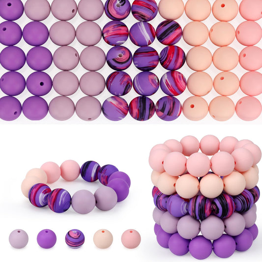 SALUOKE 100 Pcs 15mm Silicone Beads for Keychain Making, Pink Gream Silicone Beads Bulk Round for Bracelets Pens Crafts Jewelry Making (Pink Purple)