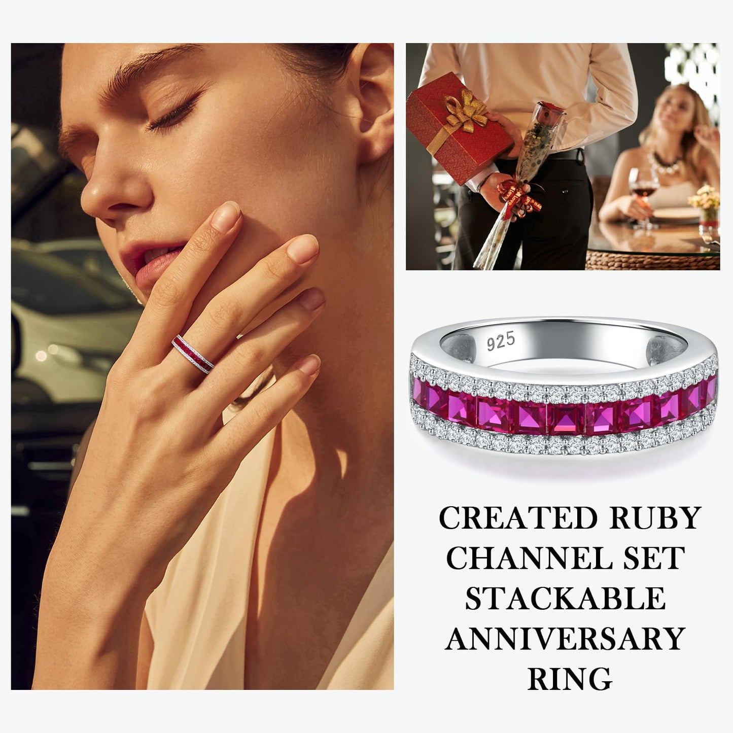 RANDES Ruby Rings Half Eternity Band 925 Sterling Silver Channel Set Wedding Bands Red Stone Anniversary Ring 6mm Thick Band Rings for Women Size 10