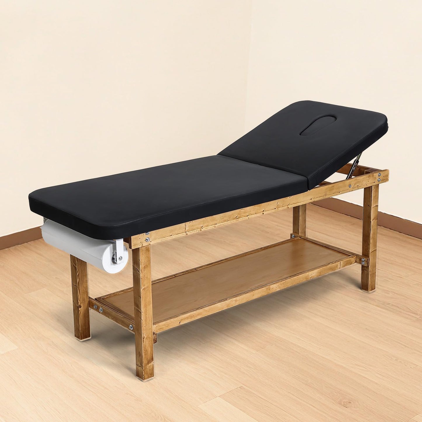 VEVOR Medical Exam Table, Wooden Framed Medical Examination Bed, Physical Therapy Exam Table with Adjustable Backrest, Storage Shelf & Paper Roll Dispenser for Hospitals Clinics Rehab Centers, 500LBS