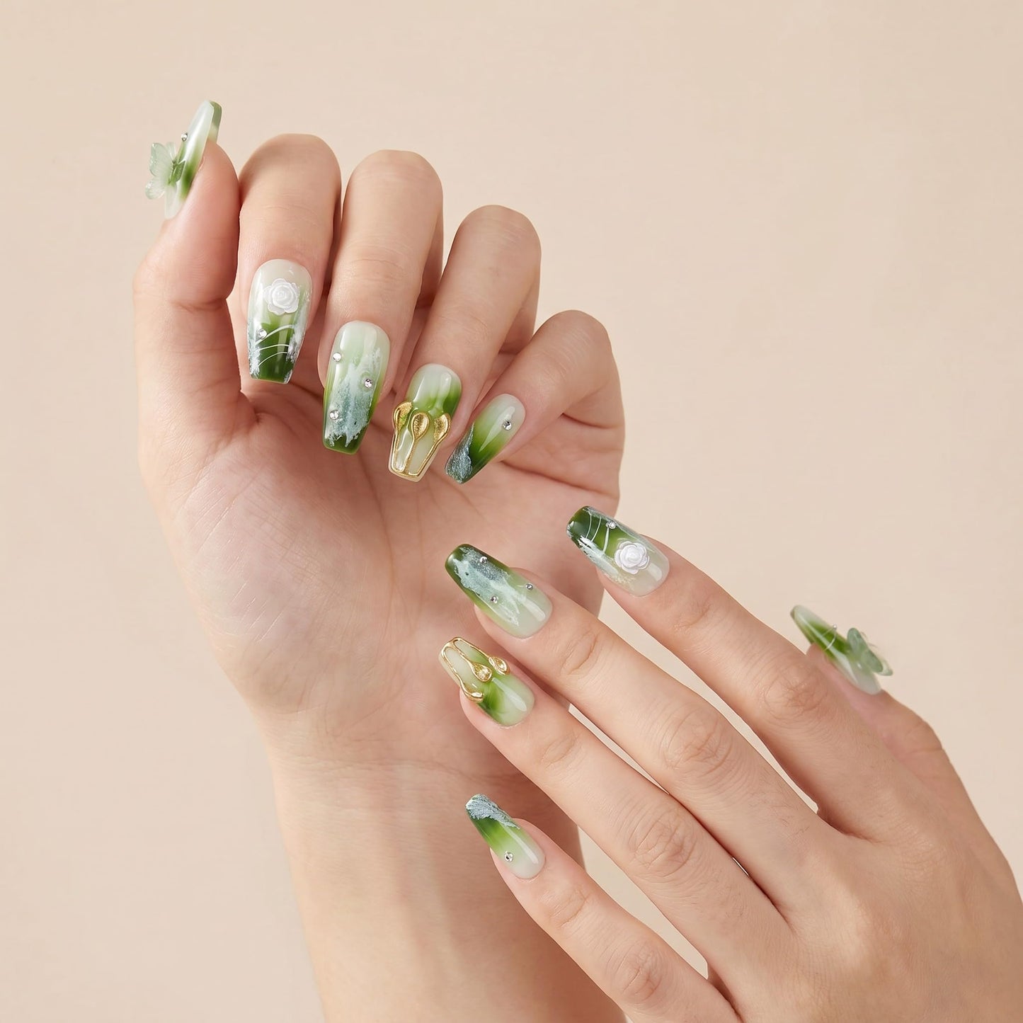 Sun&Beam Nails Handmade Press On Nail Medium Long Coffin Ballerina Green Flower Butterfly Fake Tip 3D Design Art Charms Cute with Storage Box 10 Pcs (#009 M)