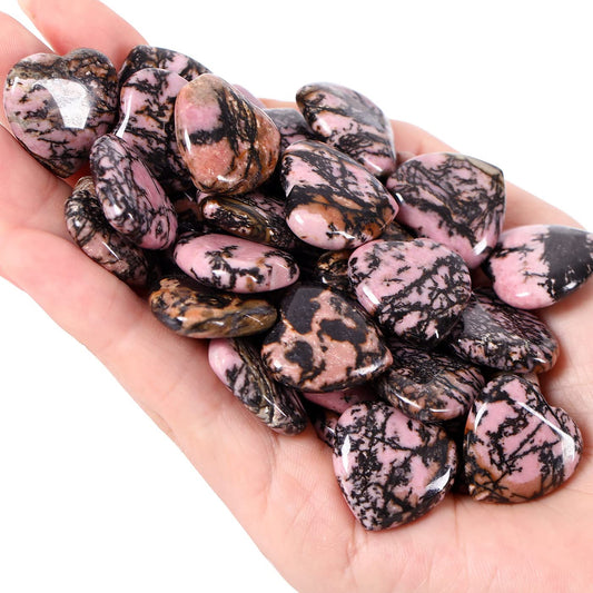 20 PCS Rhodochrosite Natural Heart Healing Crystals Cute Polished Crystal Black Line Rhodolite Stones Palm Love Heart Pocket Set Reiki Energy Balancing Meditation Valentine's Day Gift Women