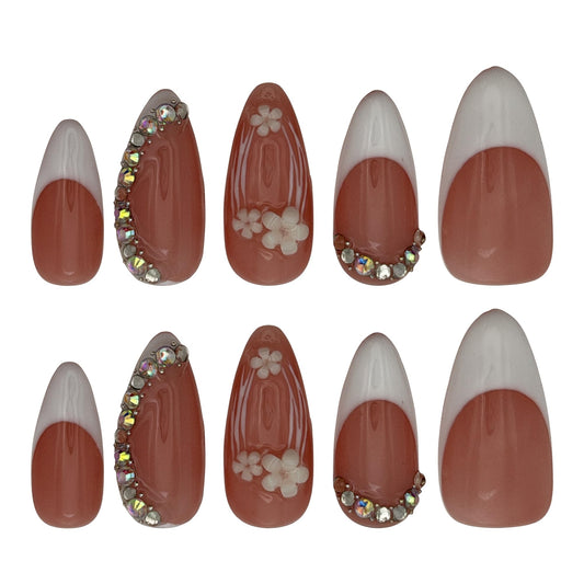 Press on Nails 10-Pack, 25mm Almond Shape Acrylic/UV Gel Fake Nails - Pink & White French Tip with Floral Rhinestone Design, Reusable Glossy Stick-on Nails for Women (Pink, S)