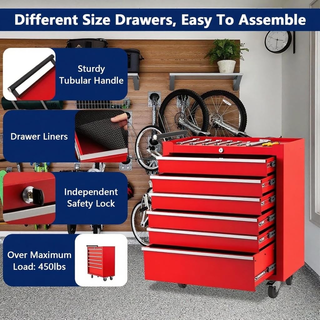 ActiveTrail Heavy-Duty Rolling Tool Chest with 6 Lockable Drawers, Featuring a Sturdy Metal Cabinet and Smooth-Wheeling Mobility, Includes Protective Drawer Liners for Secure Storage