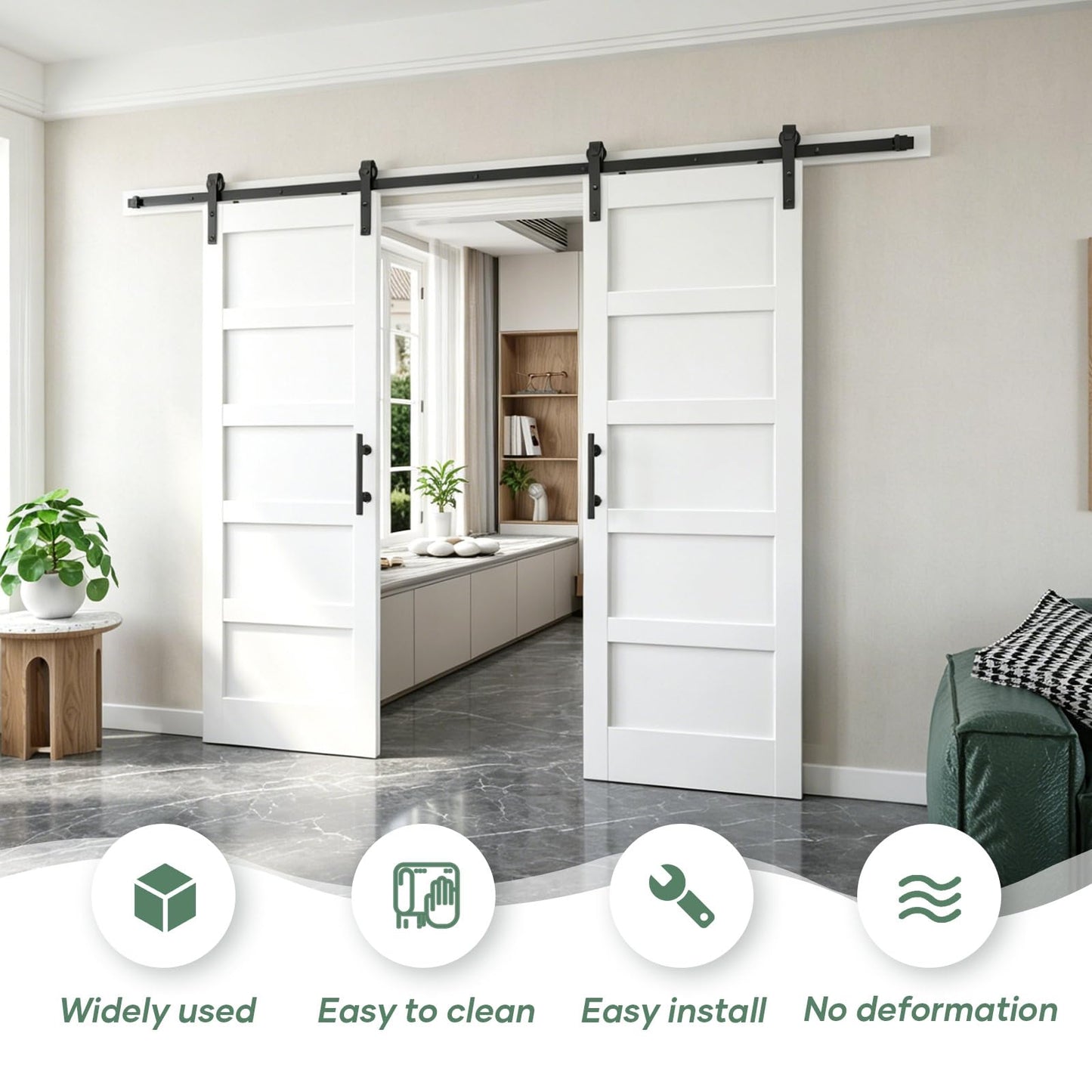 FREDBECK White Barn Door 64x84 (Double 32in x 84in) with Hardware Kit & Handle Included,5-Panel Interior Doors,Water-Proof PVC Surface,Pre-Drilled Holes,Need Assembly