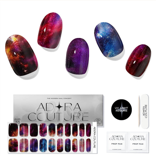 Adora Couture Semi Cured Gel Nail Strips with 20 Pieces - UV Gel Stickers, Manicure Kit, Easy Application Wraps Includes Prep Pads, Nail File, Wooden Stick - UV Light Required (Constellation)