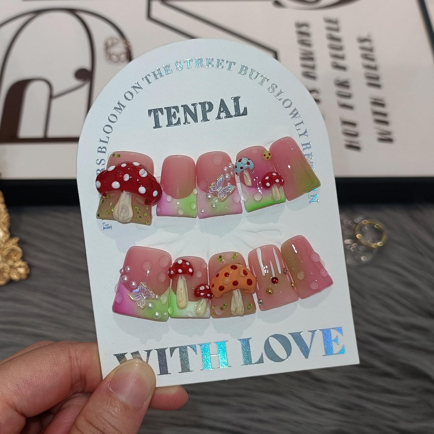 TENPAL Duckbill Coffin Ballerina Shape Fake Nails,Ombre French Tips Press on Nails 10 Pcs with Tool Kit,3D Butterfly Mushroom Embossed Design Glue on Nails with Pearl & Rhinestone Cute Fake Nails（S)