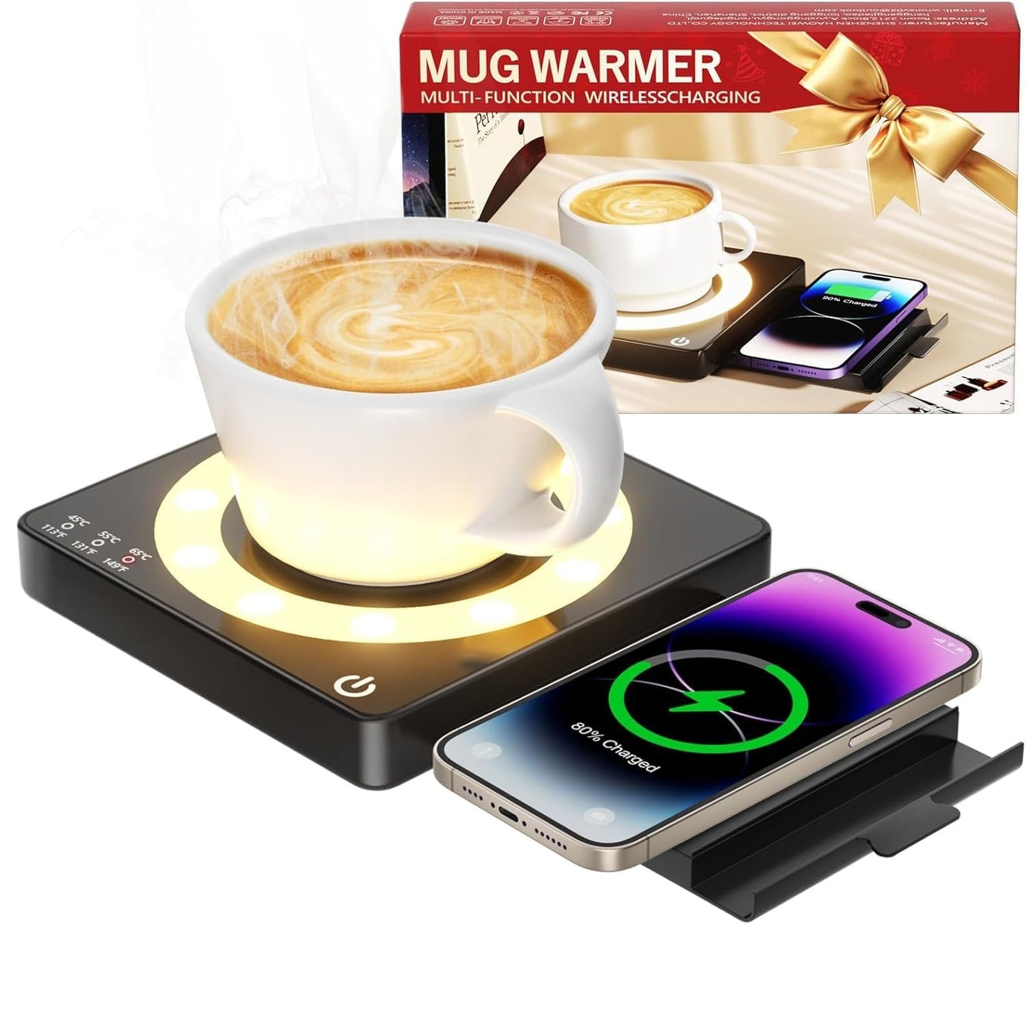 WHOLEV Coffee Mug Warmer, Smart Mug Warmer, 15W Wireless Phone Charging, 3 Heat Settings Temperature Controlled, 8H Auto Off, Candle Warmer, Safe for Heating Coffee, Beverage, Milk, Tea