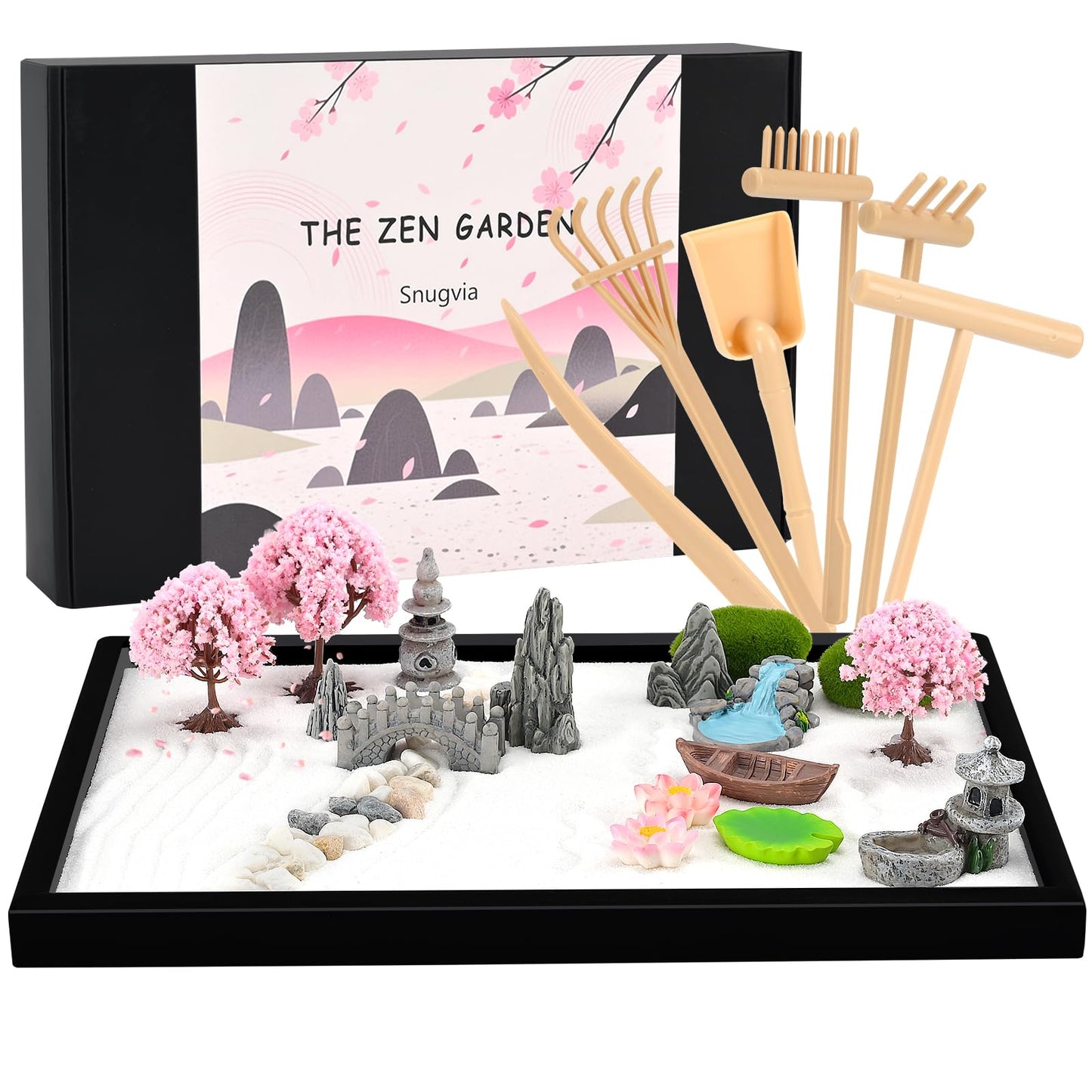 Snugvia Zen Garden Kit for Desk 12x8in Premium Sand Tray Therapy Kit, Japanese Mini Zen Sand Garden Gift Set, 20 Accessories, Stress Relief Gifts, Meditation Home Office Desk Decor