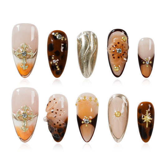 Tesytto Gothic 3D Floral Press on Nails Medium Almond - Gold Cross & Rhinestone Design, Handmade Pearl Luxury Dark Romantic Reusable Nails (Orange Diamond Sweet Luxury,L)
