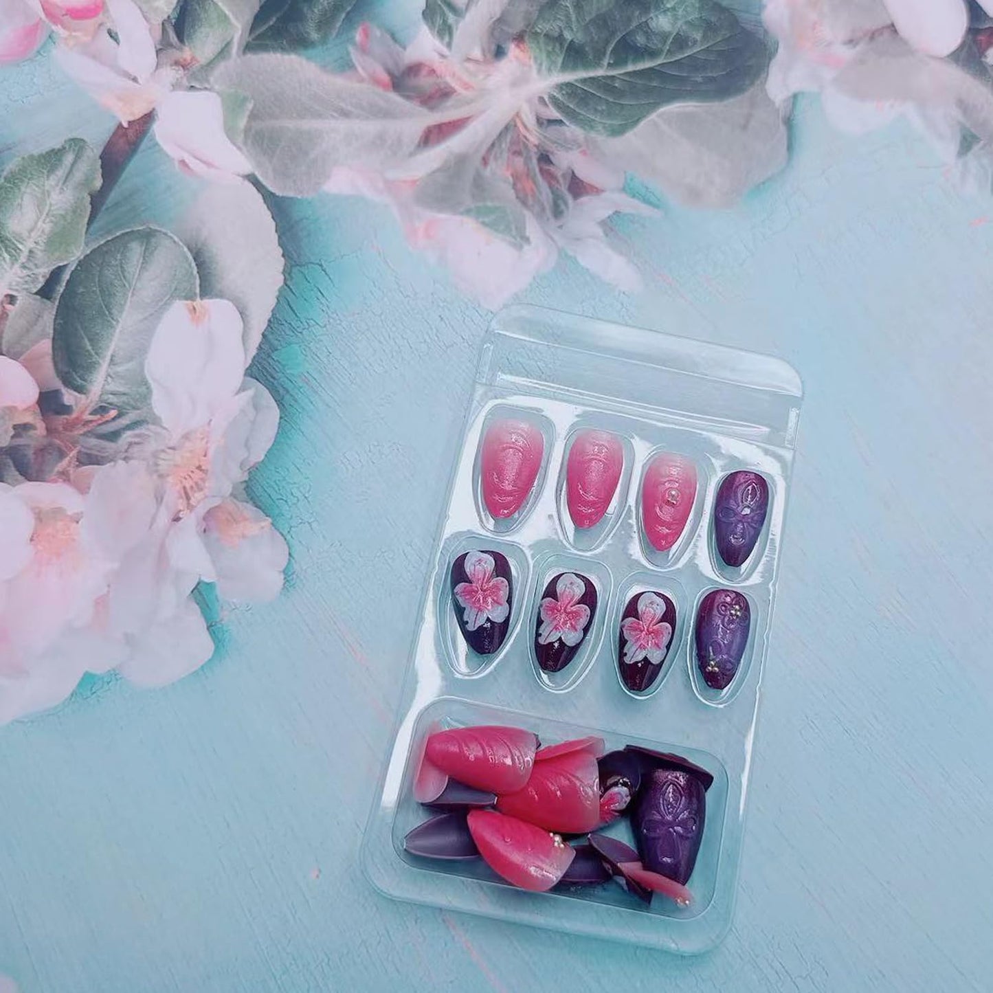 3D Flowers Press on Nails Medium Almond Fake Nails Cute Flower False Nails with Pearls Nail Charms Pink White Gradient Floral Design French Tip Press on Artificial Nails for Women DIY Decor Daily Wear