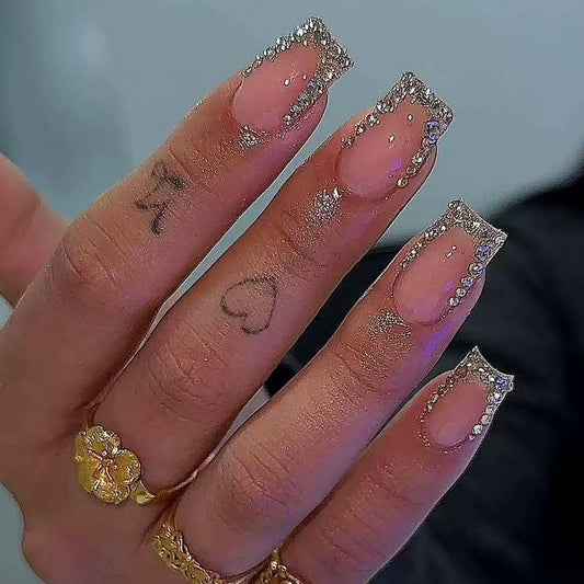 Square press on Nails Medium French Tip Fake Nails with Rhinestone Design Full Cover Sparkling Stick on False Nails for Women 24 Pcs