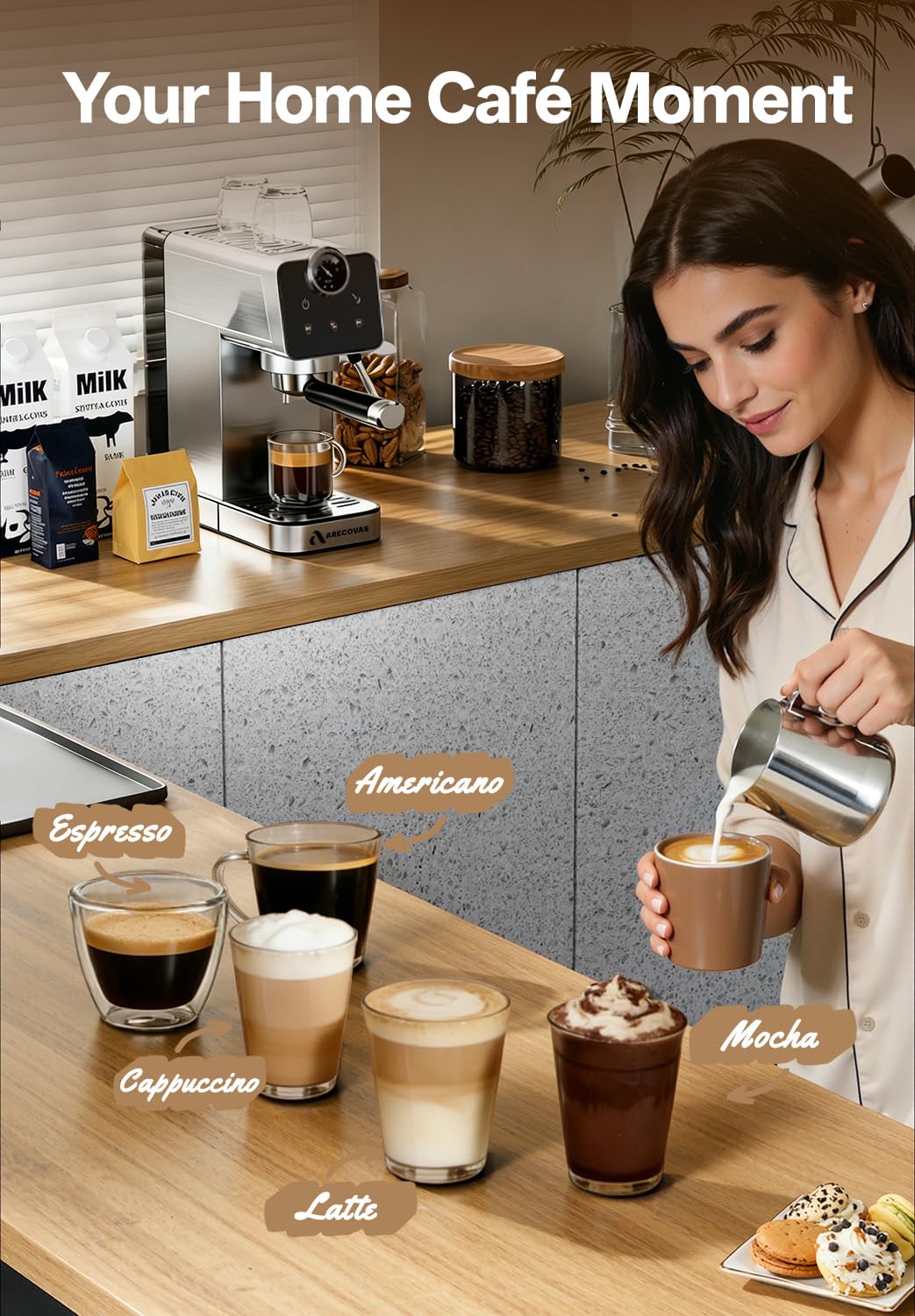 Arecovas Espresso Machine with Milk Frother, 20 Bar Compact Coffee Machine with Touch Screen & 41oz Water Tank for Home Use, Stainless Steel Espresso Coffee Maker for Americano, Cappuccino, Latte