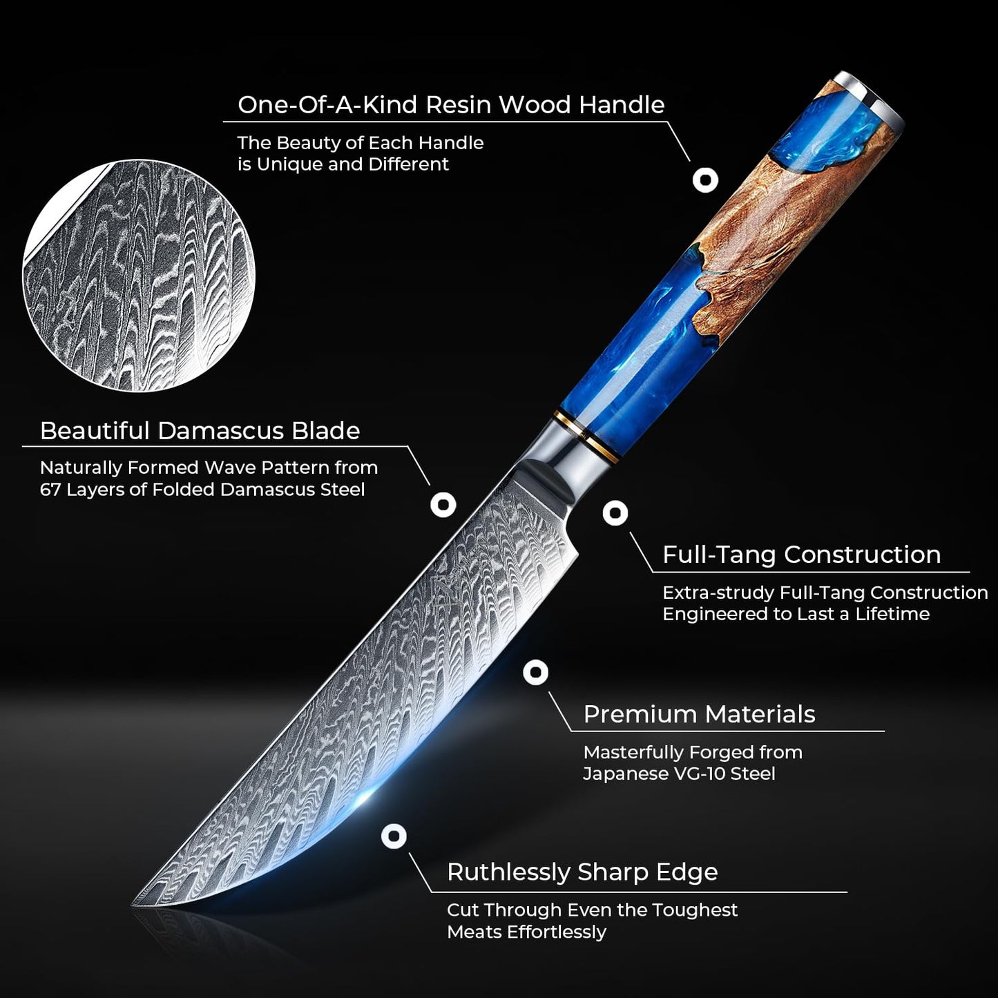 SENKEN Damascus Steak Knife Set - Tsunami Collection - 67-Layer Japanese VG10 Steel - Razor Sharp Non-Serrated Blades, Blue Resin & Natural Wood Pattern Handles, Luxury Gift Box (4 Steak Knife Set)