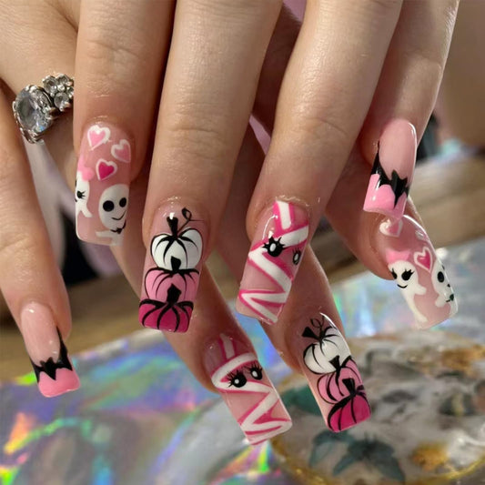 24Pcs Halloween Press on Nails Long Square Fake Nails Cute Ghost Pumpkin Bat Designs Halloween Glue on Nails Glossy Pink False Nails Full Cover French Tip Stick on Nail for Women Manicure Decor