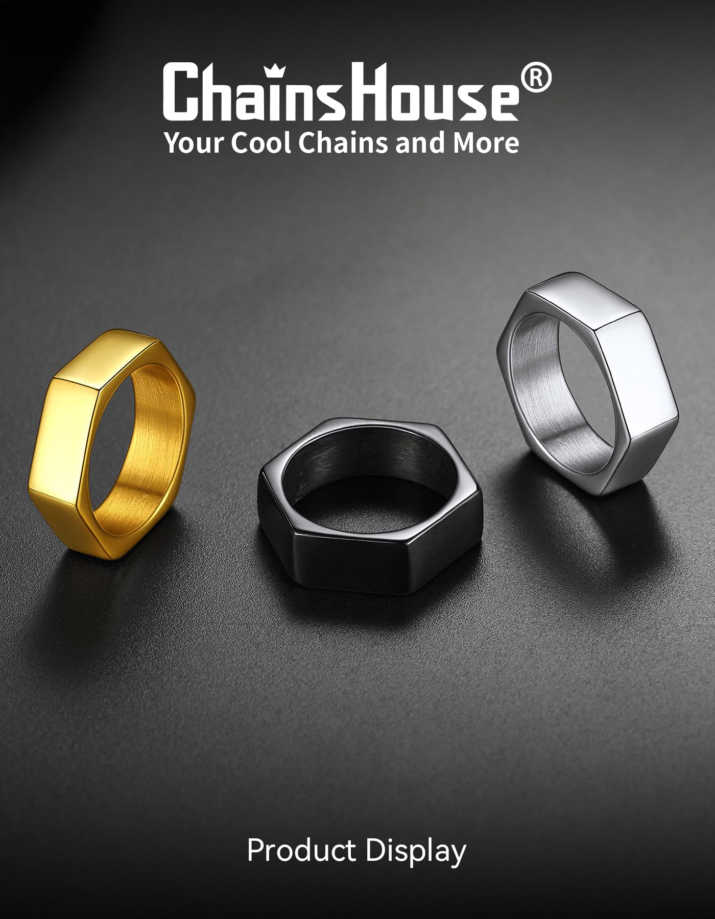 ChainsHouse Gold Hexagon Geometric Ring for Men Women, Cool Punk Hip Hop Biker Band Rings(Size 9)