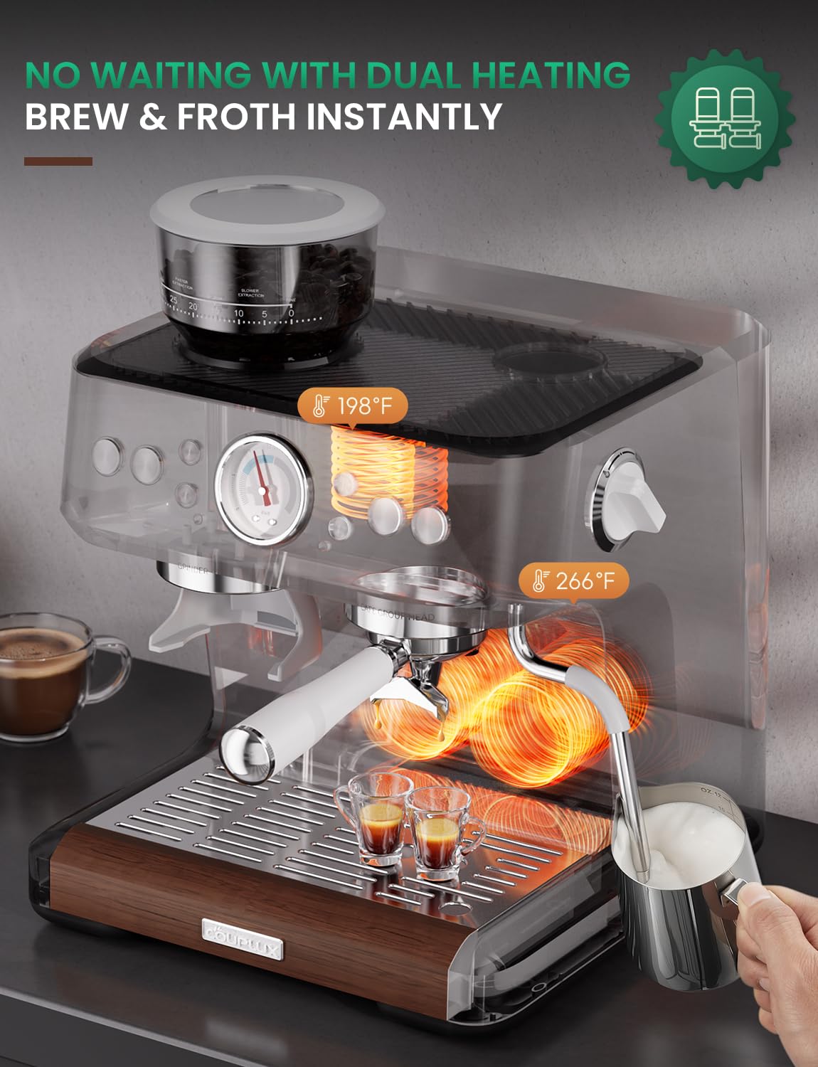 COUPLUX Espresso Machine, 58MM Professional Espresso Machine with Grinder Powerful Milk Frother Steam Wand 15 Bar Espresso Coffee Machine For Home Cappuccino & Latte Machine Stainless Steel
