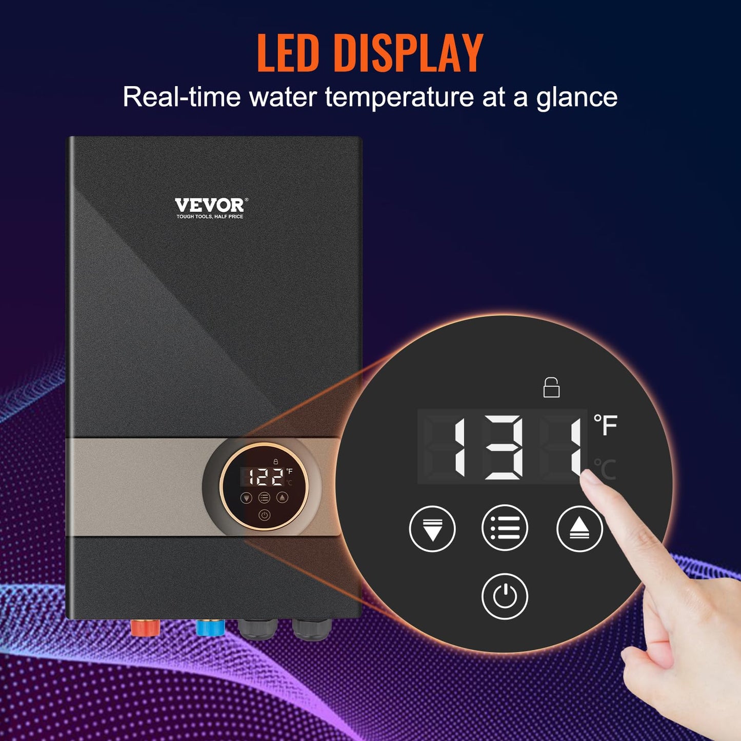 VEVOR Tankless Water Heater Electric 18KW, Compatible for Kitchen & Shower, LCD&Touchscreen, Digital Temperature Display, Child Lock, 240V, Black