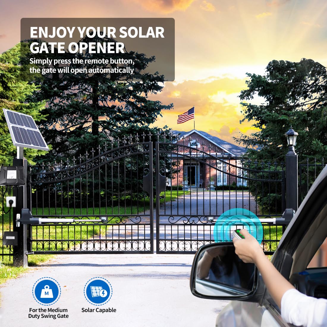 TOPENS AT6132S Solar Dual Swing Gate Opener Medium Duty Automatic Gate Motor for Double Swing Gates Up to 18ft per Arm, Electric Driveway Gate Operator AC Powered with Solar Panel Remote Control Kit