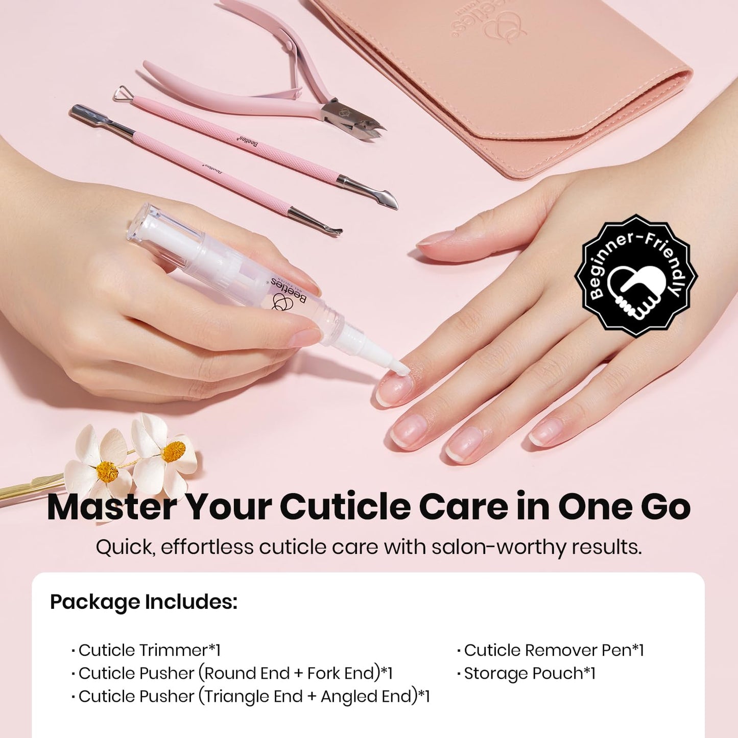 Beetles Manicure Kit for Women with Cuticle Remover, 3 PCS Pink Manicure Set Cuticle Trimmer Dual End Cuticles Pusher Clean Nails Tip Dirt Pusher with Storage Pouch Nail Prep Kit for Gel Nail Polish