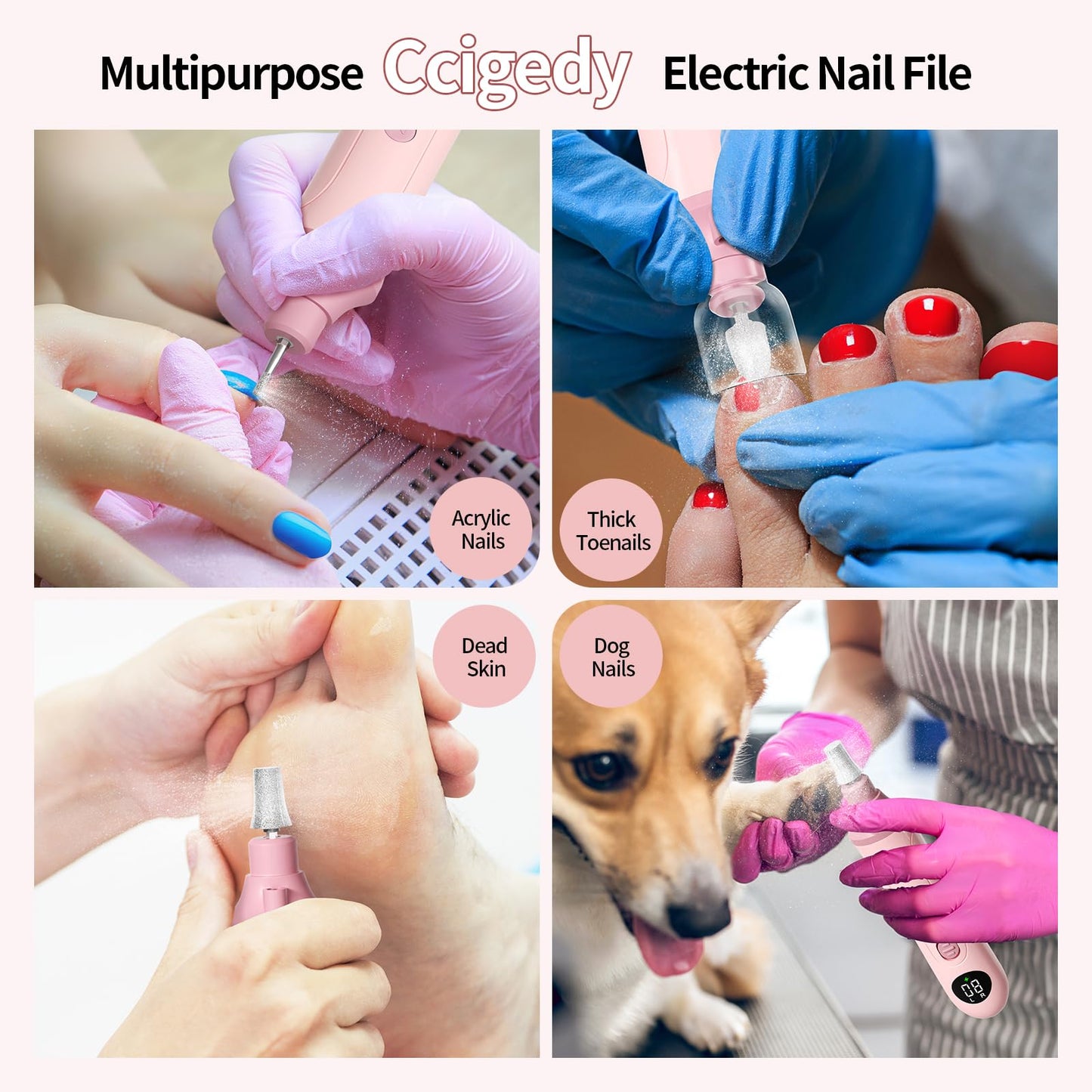 Electric Nail Drill Kit, Nail Filer Electric with LCD & Lamp, Rechargeable Pedicure Tools for Feet, Toenail Grinder for Thick Toenails, Cordless Nail Dremel Tools for Women & Men