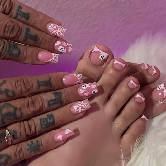 24Pcs Halloween Press on Nails Medium Square, 24Pcs Pink French Tip Fake Toe Nails Halloween Glue on Nails with Cute Ghost Spider Wed Designs Full Cover Stick on Nails for Women DIY Halloween Nails