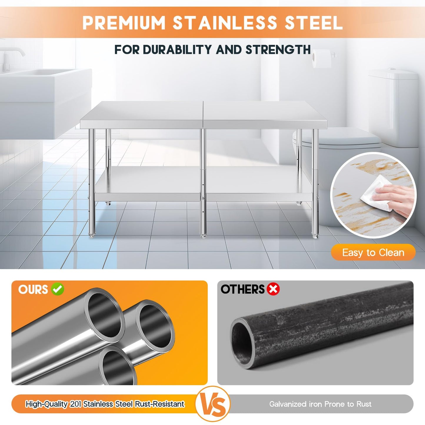 Jocisland 30" x 72" Stainless Steel Table for Prep & Work, NSF Certified Adjustable Under Shelf and Feet, for Commercial Kitchen, Restaurant, Hotel and Garage