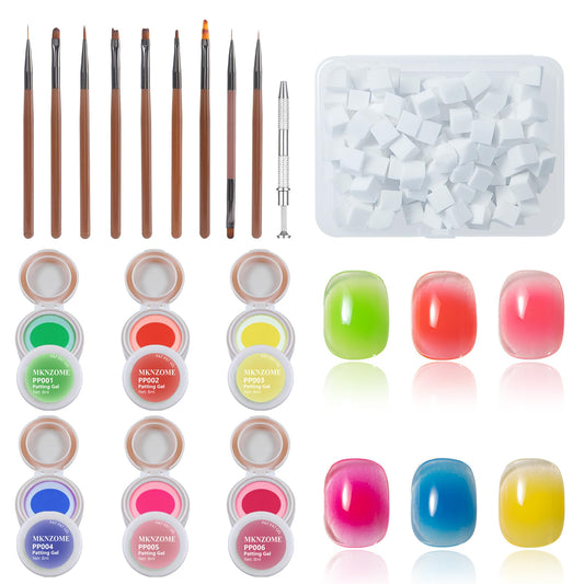 MKNZOME Neon Patting Gel Polish, 6 Color Bright Fluorescent Cushion Gradient Solid Aura Pat Painting Gel Set with Ombre Nail Sponge for DIY Beginner Design Salon Home Soak Off UV, D