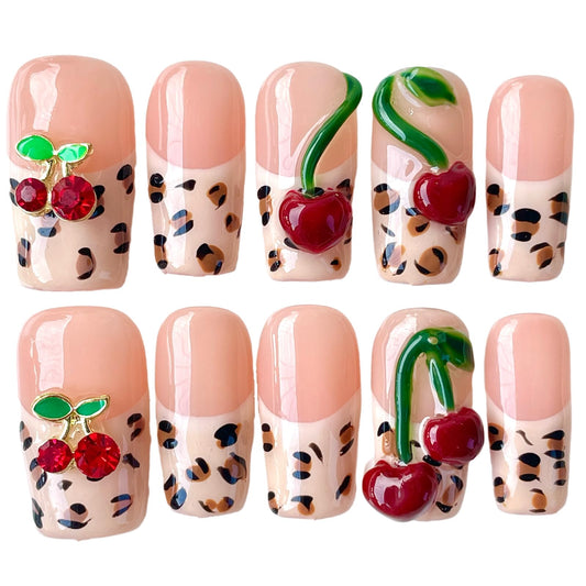 Handmade Press on Nails 3D Hand-scuplted Red Cherry Short/Medium Square False Nails | Leopard Print French Tips | Reusable Acrylic Fake Nails (Cherry Bouquet, S)