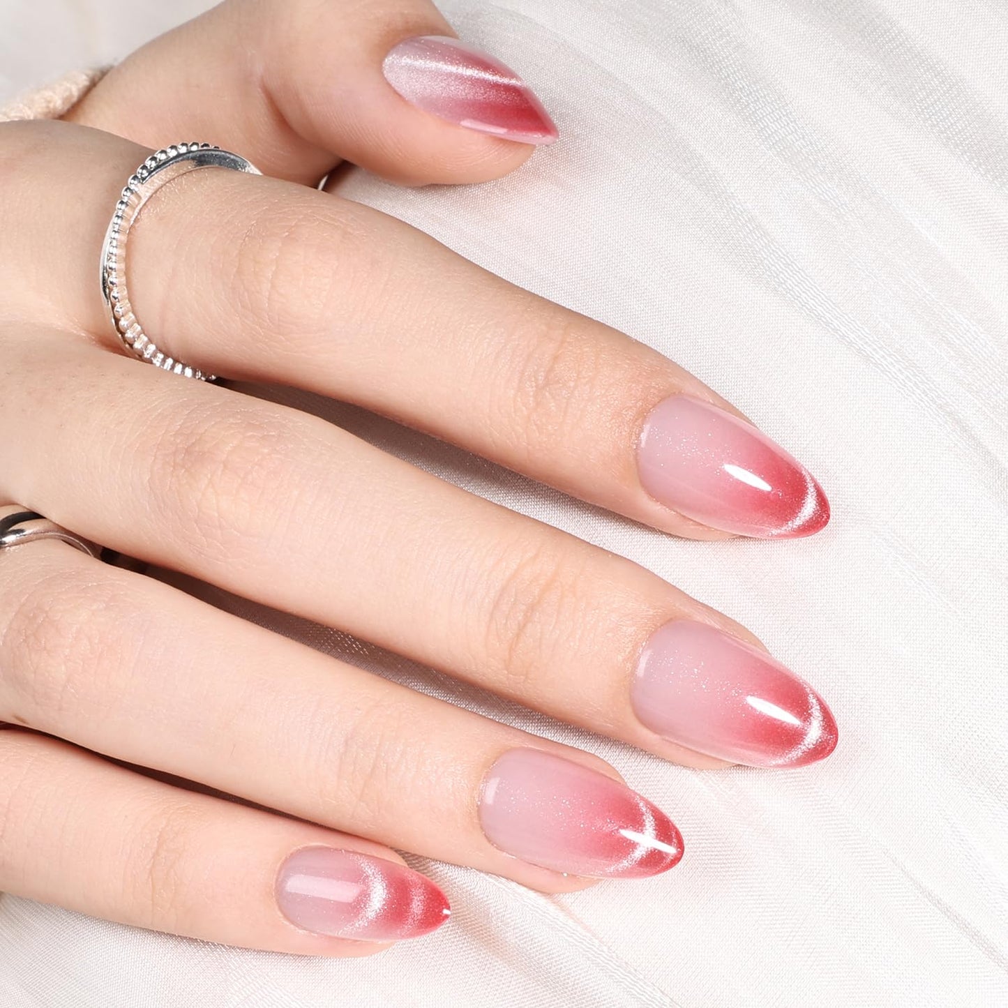 Ombre Red Cat Eye French Tip Press On Nails Almond - Pink Short Almond Fake Nails, Ombre Cateye Press On Nails Reusable Stick On Nails in 16 Sizes, 32pcs False Nail Kit for Women & Girls(Rosé)