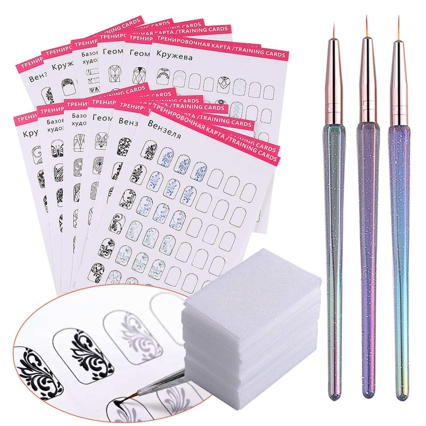 Practice Nails For Nail Art Book 12PCS Nail Books Training Template Drawing Painting Stencils Waterproof Reusable Learning Paper Card Manicure Tool For Beginner with Remover Wipes Acrylic Liner Brush