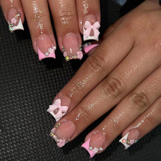 24Pcs French Tip Press on Nails Short Square Fake Nails with Luxury Bow Charms Design Silver Rhinestones Nail Tips False Nails Pink Stick on Nails Nude Full Cover Artificial Glue on Nails for Women